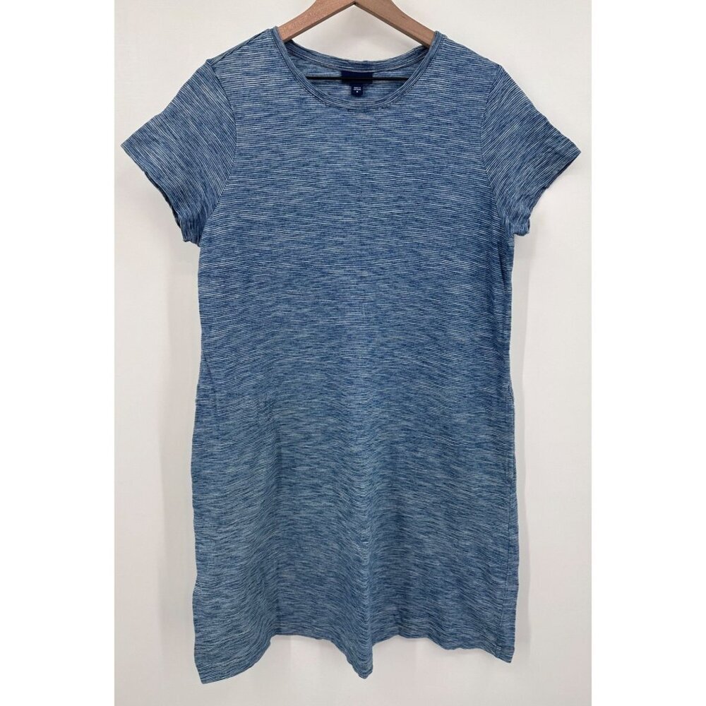 Purejill Indigo Mini Shirt Dress Women Medium Blue Stripe Short Sleeve Pockets